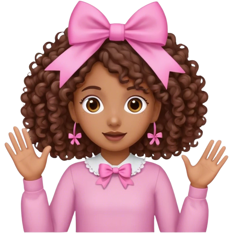 brown girl with brown curly hair and bows in her hair waving wearing pink emoji