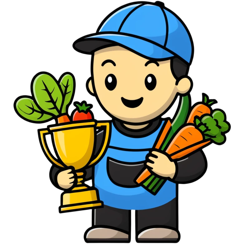 Happy gardener with trophy and prize vegetables emoji