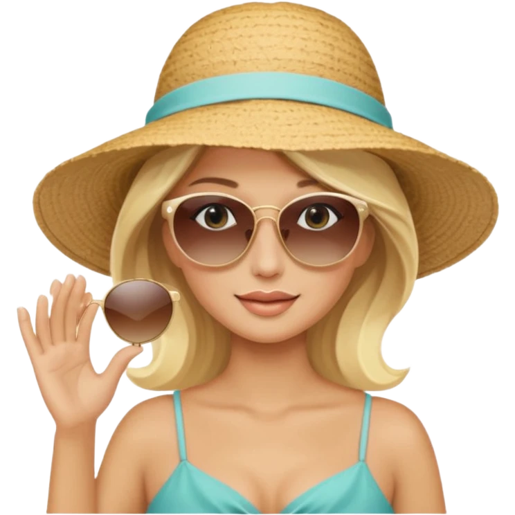 
blonde in light big beach elegant hat holds hat and with second hand holds sunglasses on face emoji