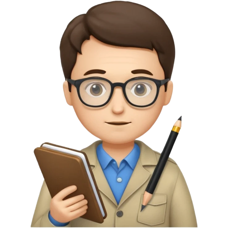 A scholarly explorer with notepad, glasses, and calm analytical demo.
 emoji
