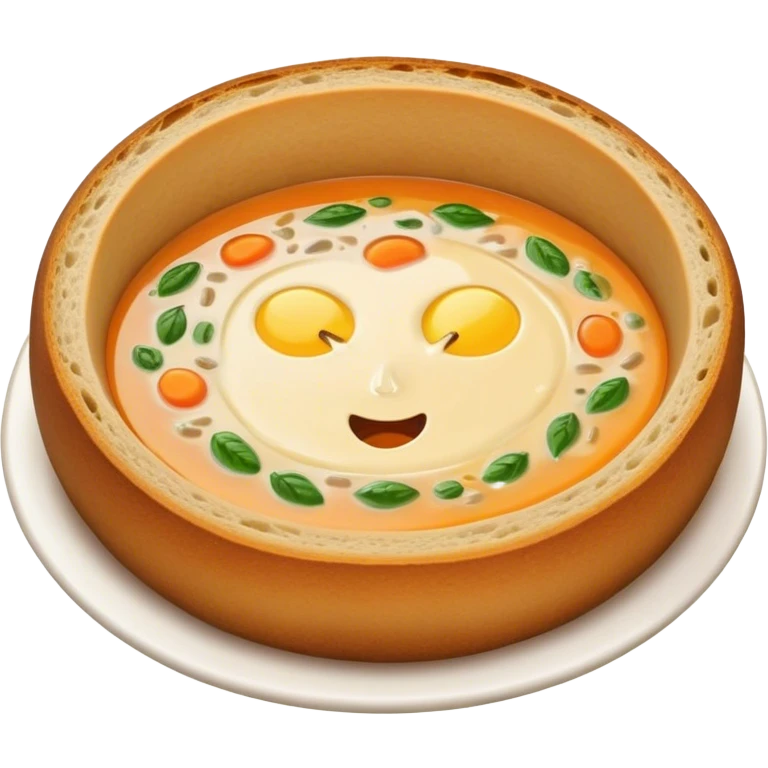 Żurek Cinematic Realistic Żurek Soup Dish Emoji, depicted as a tangy rye soup served inside a hollowed-out round loaf of bread, rendered with rich textures and dynamic, comforting lighting. emoji