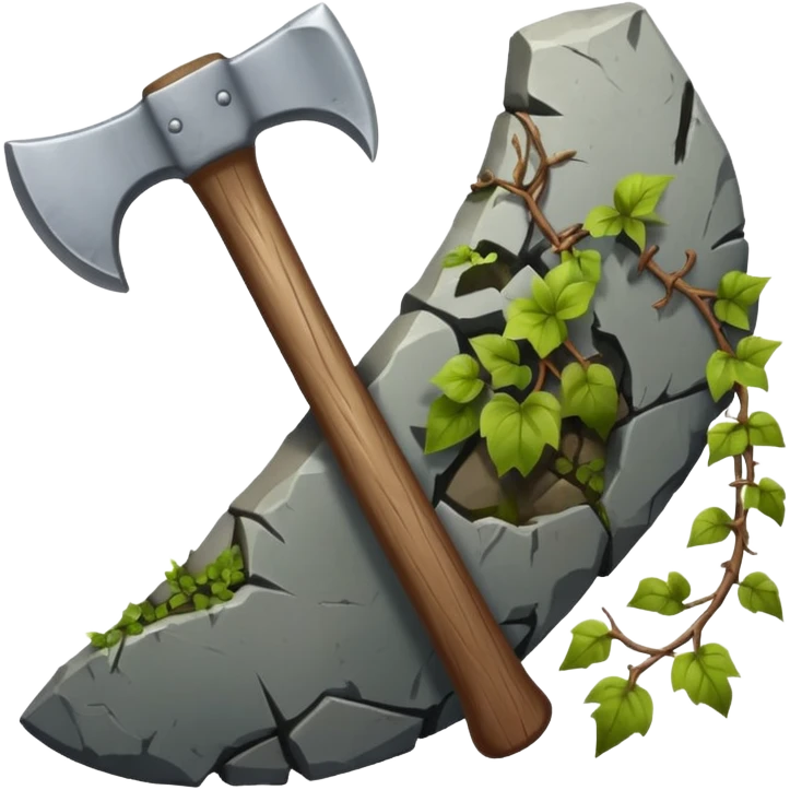 A sharp stone axe with wooden handle tied by vines.





 emoji