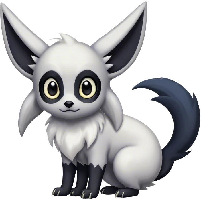 Absol-Umbreon, long thick black ears, black Scapha, black long tail, black eyes, white fur, black claws, cute big eyes, adorable emoji