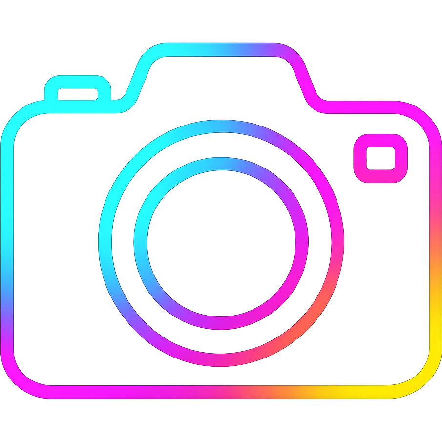 A camera icon with vibrant neon colors and glowing outlines emoji