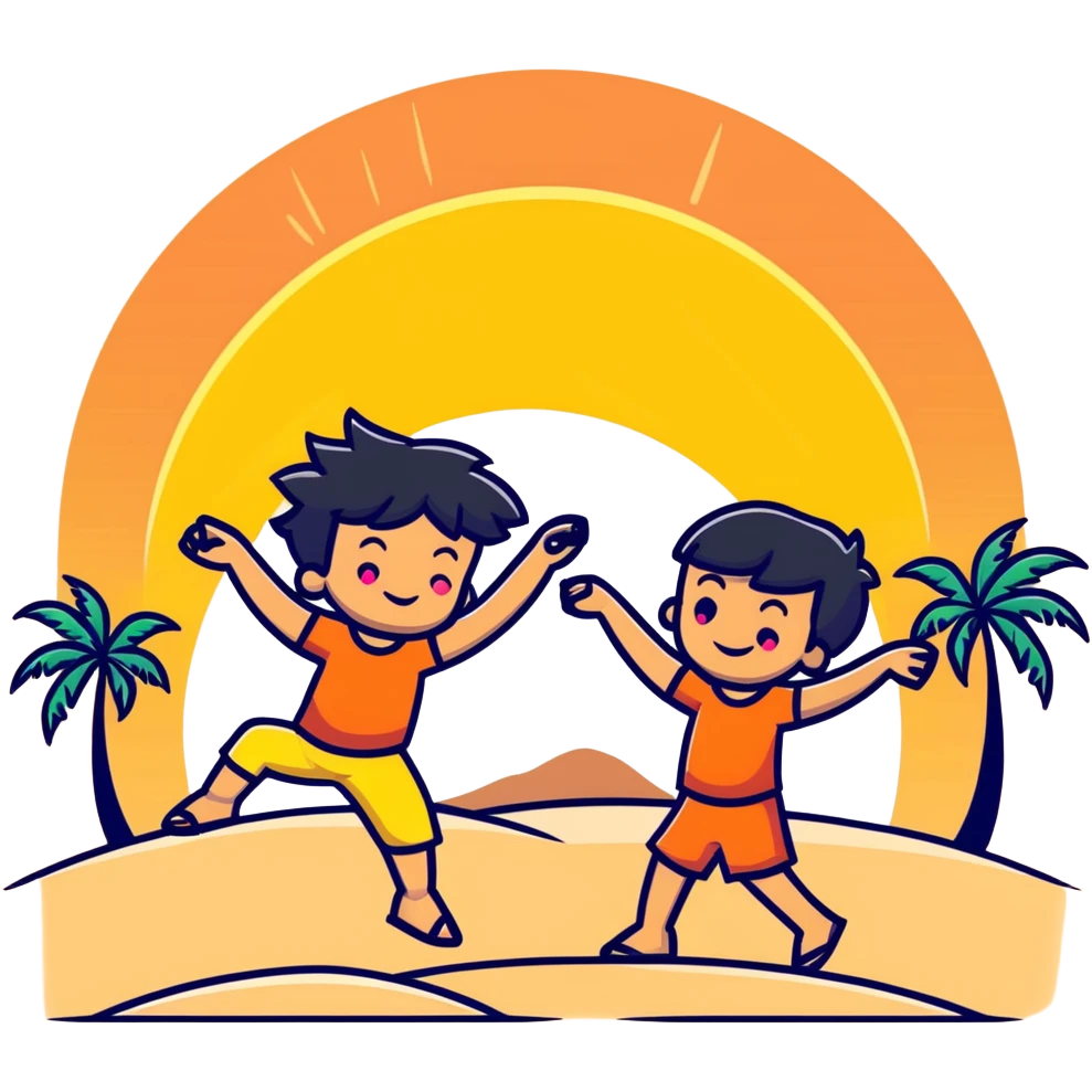 Happy cartoon character dancing on beach with sun rays highlighting them, tripa tropa party mood, sand and palm trees emoji