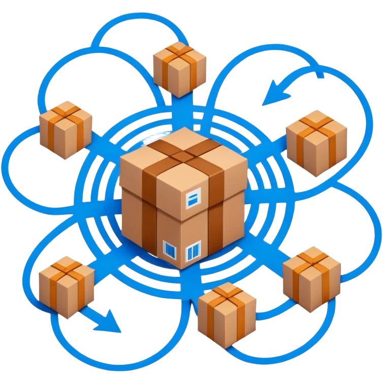 blue network in a circle form with brown packages at intersection points emoji