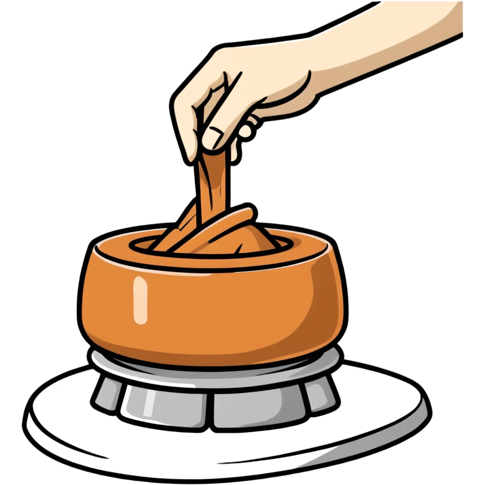single hand scooping a mound of clay on a silver pottery wheel emoji