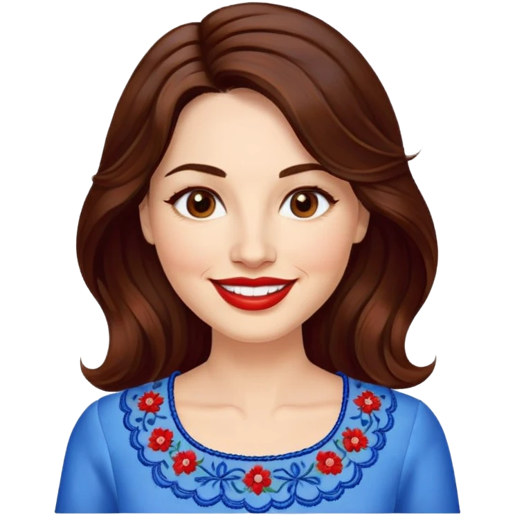 40-year-old woman with luminous fair skin, round face, wide smile, large light brown eyes, vibrant red lips, shoulder-length dark brown wavy hair, wearing white blouse with blue embroidery and electric blue neckline, mature but youthful appearance emoji