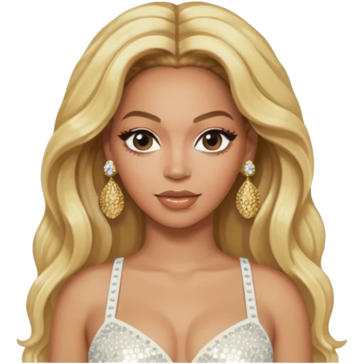 Beyonce with long blonde hair, ivory sequin crop top, ivory earring emoji