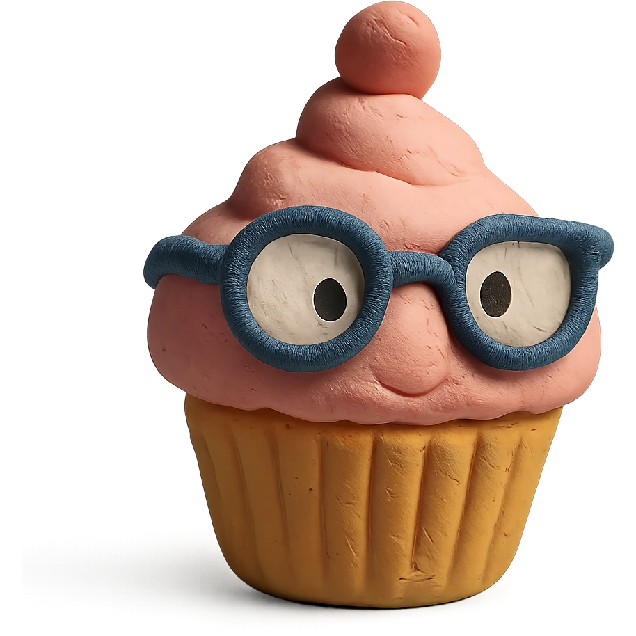 claymation style cupcake with glasses emoji
