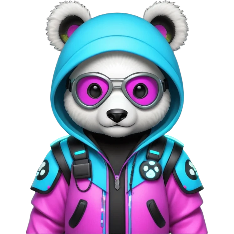 cute cyberpunk panda, neon hoodie, cyber goggles, glowing patterns, futuristic armor details, 3D cartoon, mobile game icon style, clean background, no text, no watermark
 emoji
