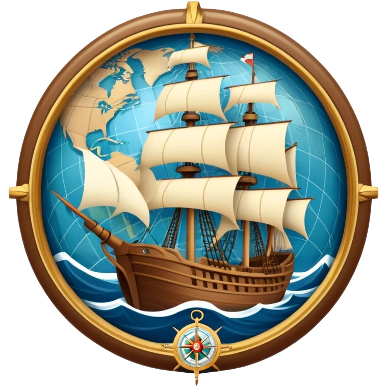 Icon for Historical Movies: Age of Great Geographical Discoveries. A vintage movie poster-style design with a sailing ship, a compass, and a globe. Include explorers with maps, sea waves, and distant lands in the background. Retro cinematic style. Transparent background. emoji