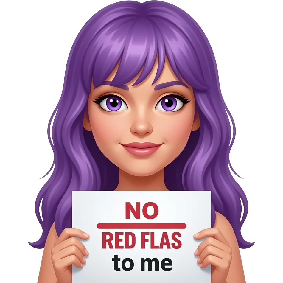 sexy girl with long purple hair and purple eyes holding a NO RED FLAGS to me sign emoji