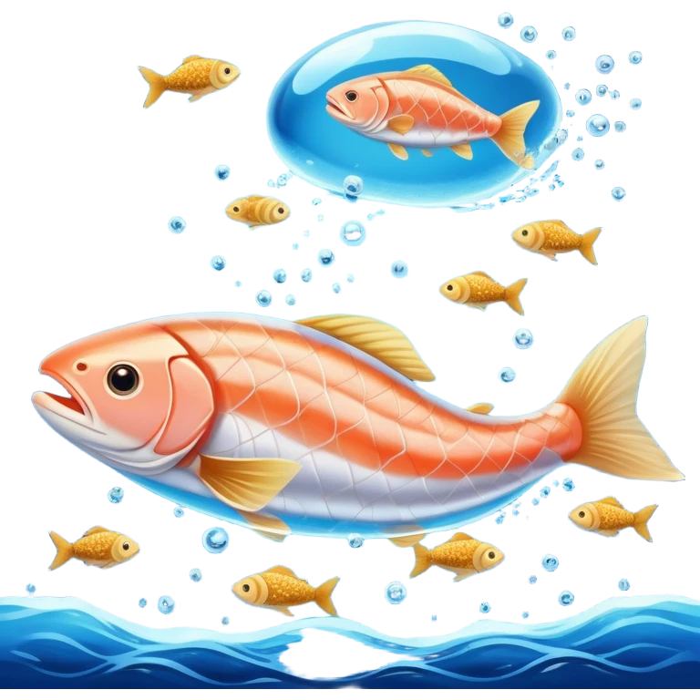 Golden omega-3 capsule floating in blue liquid currents, with salmon fillets, walnuts, chia seeds, and flaxseeds orbiting alongside an ethereal fish near a radiant brain. Blue waves expand from the brain, showing the mental clarity and emotional benefits of omega-3 rich foods. emoji
