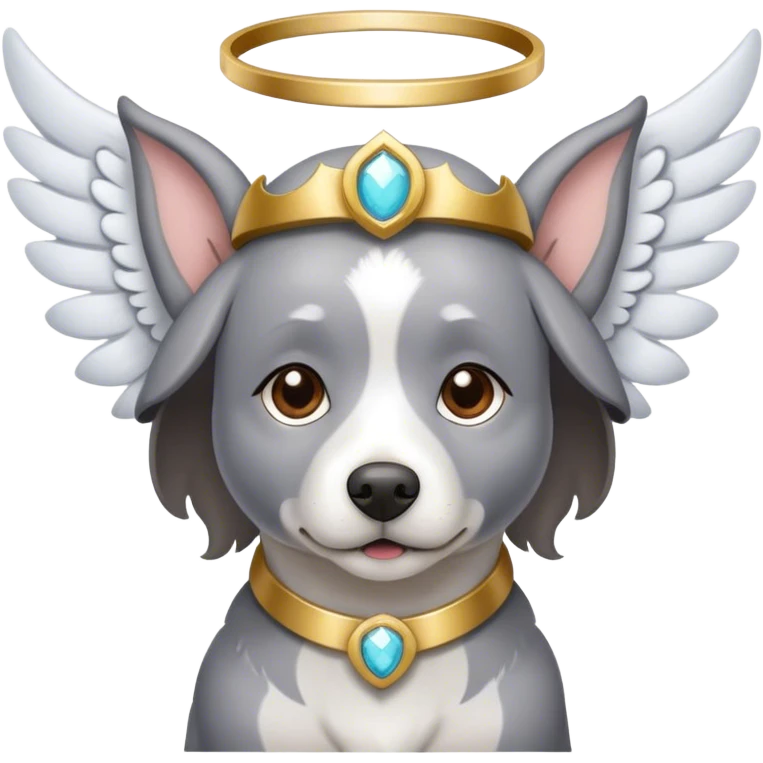 A gray dog with white spots and brow eyes in heaven with wings and a halo emoji