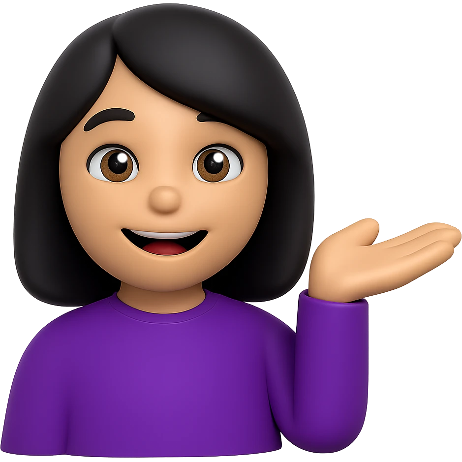 Recreate the woman emoji in Microsoft style 3D fluent emoji style. She has black hair and is wearing a purple shirt, in the same pose as the reference image. The background should be transparent. emoji