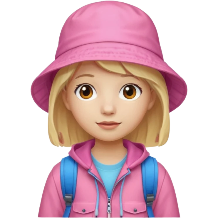A student white skin, blonde hair, with pink bucket hat, orange jacket, blue backpack emoji