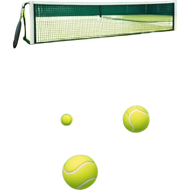 grass tennis court, with the lines of the court clearly with visible in the background. A tennis racket and ball/ The scene captures the essence of the sport, highlighting the equipment and the vibrant, open atmosphere of a tennis match emoji