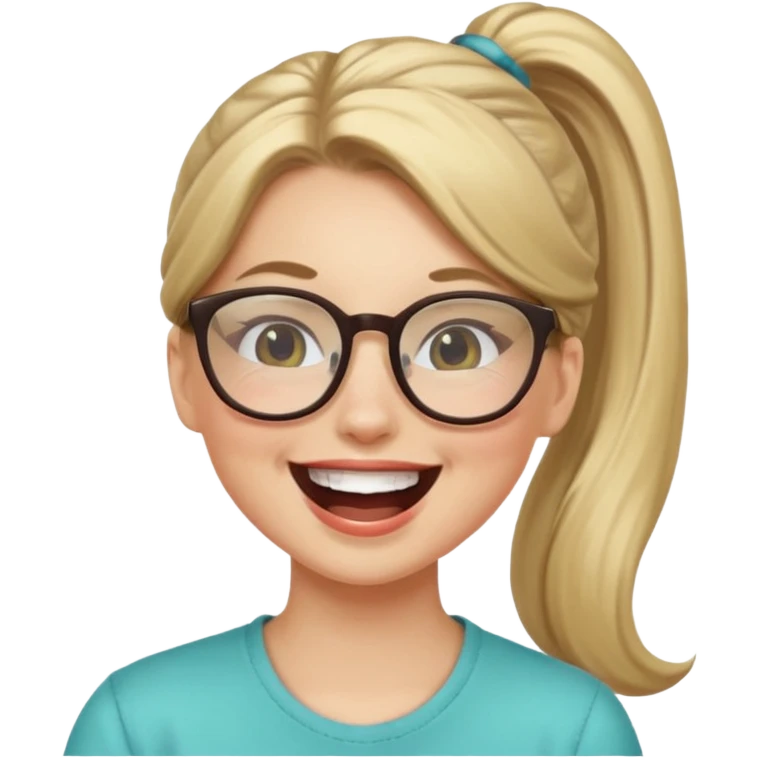 White girl with hair in a ponytail and glasses laughing emoji