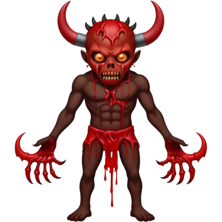 A demon covered in blood and guts whose been shot in the head and body, in the style of your bleeding skull art. Dark gritty and menacing art style. full body emoji