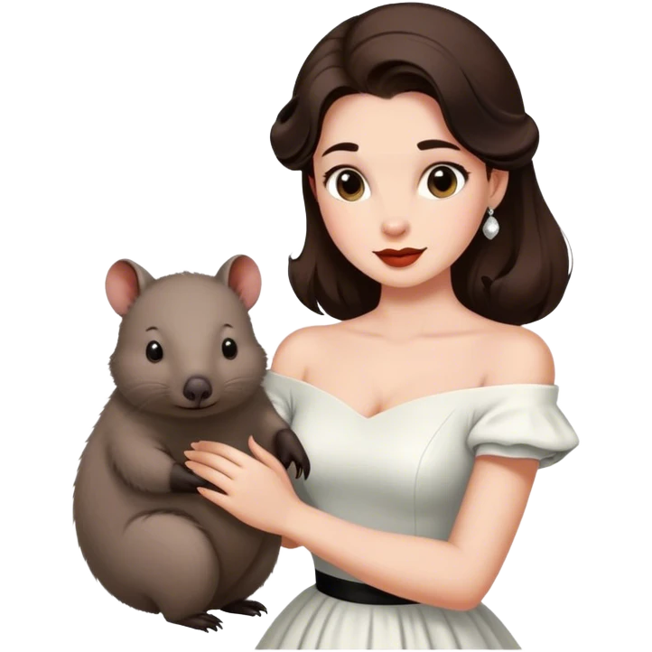 Beautiful woman in 1950’s woman fashion look, off-shoulder white dress, long dark brown hair, wombat emoji