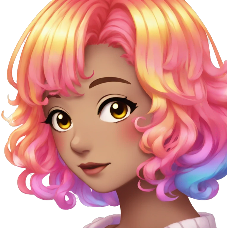 Gorgeous anime style shojo character with blushing face aesthetic and pretty colorful shiny gradient neon rainbow hair with hair garment trending style emoji