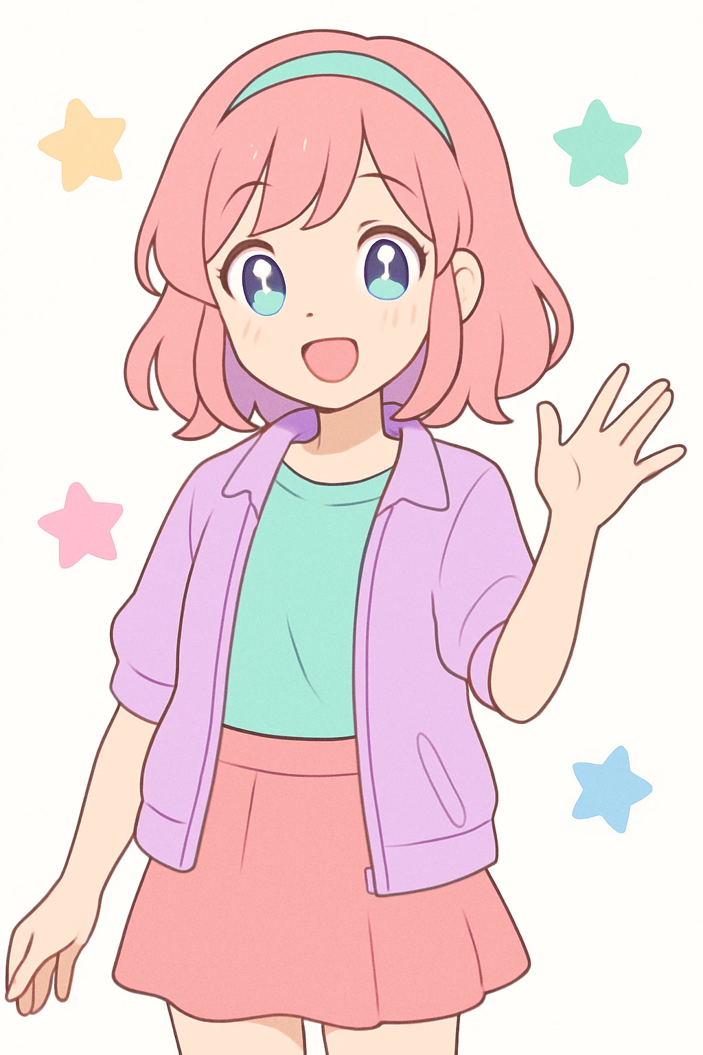 playful anime style, pretty young woman, cheerful expression, casual outfit, tasteful and cute, vibrant colors, no explicit content emoji