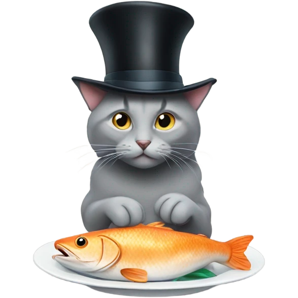 Gray cat eating a fish with a top hat emoji