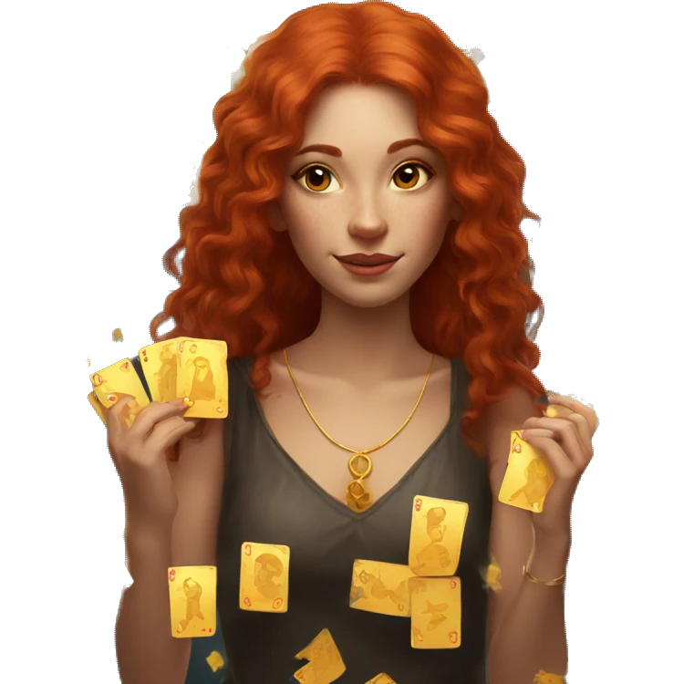 red hair beautiful girl with brown tarot gold cards emoji