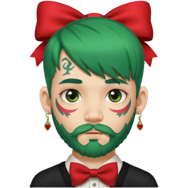 boy with bangs and green hair and red hairbow on side and earrings and very heavy face tattoos and beard emoji