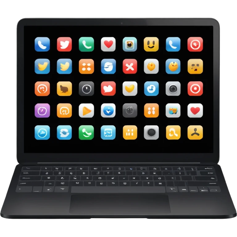 A simple black laptop displaying app icons in grid, no key labels emoji