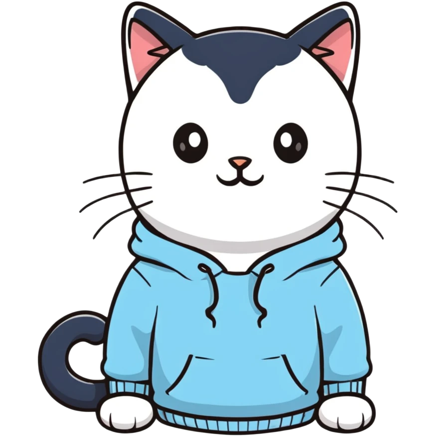 black and white cat wearing light blue sweatshirt emoji