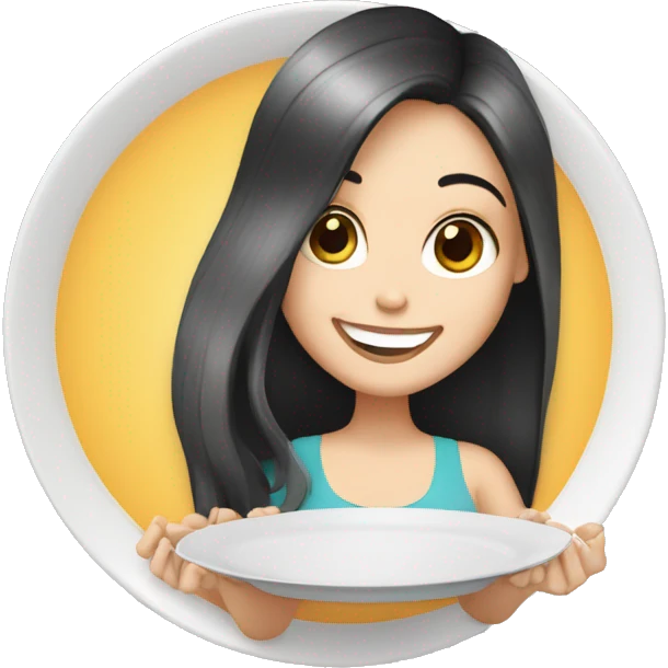 white girl with long black hair smiling and holding a plate emoji