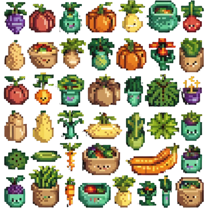 Pixel art of dietary fiber showing whole grains, vegetables, fruits and legumes connected by fiber strands, with an intestine character showing improved digestion emoji