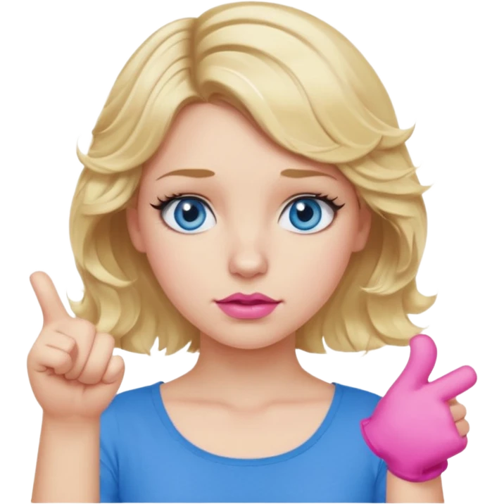 Girl Blonde short wavy hair,  blue eyes, cute blue top, long lashes, pink lips, thumbs down  emoji