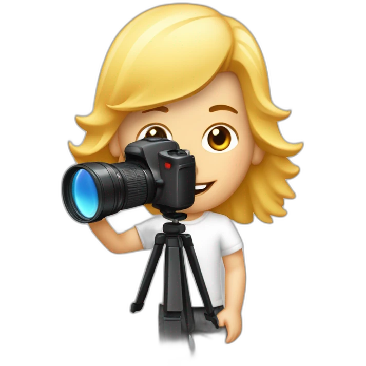 Paparazzi blanco de pelo rojo rizado y corto con su cámara tomando foto emoji