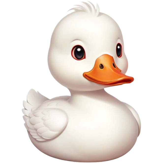 Cinematic Cute White Duck Portrait Emoji, Head tilted playfully and inquisitively, featuring a glossy, immaculate white plumage with a charming red bill, round, sparkling eyes filled with curiosity, Simplified yet irresistibly adorable features, highly detailed, glowing with a warm, friendly glow, high shine, affectionate and lively, stylized with a touch of whimsical charm, bright and endearing, soft glowing outline, capturing the essence of a mischievous yet loving duck, so playful it feels like it could waddle out of the screen and into your arms! emoji