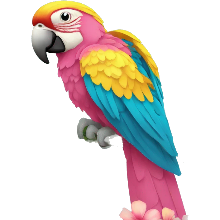 Summer beach cyan pink mustard yellow multicoloured parrot macaw bird holding a plant vine in beak Spanish Italian Mediterranean style floral emoji