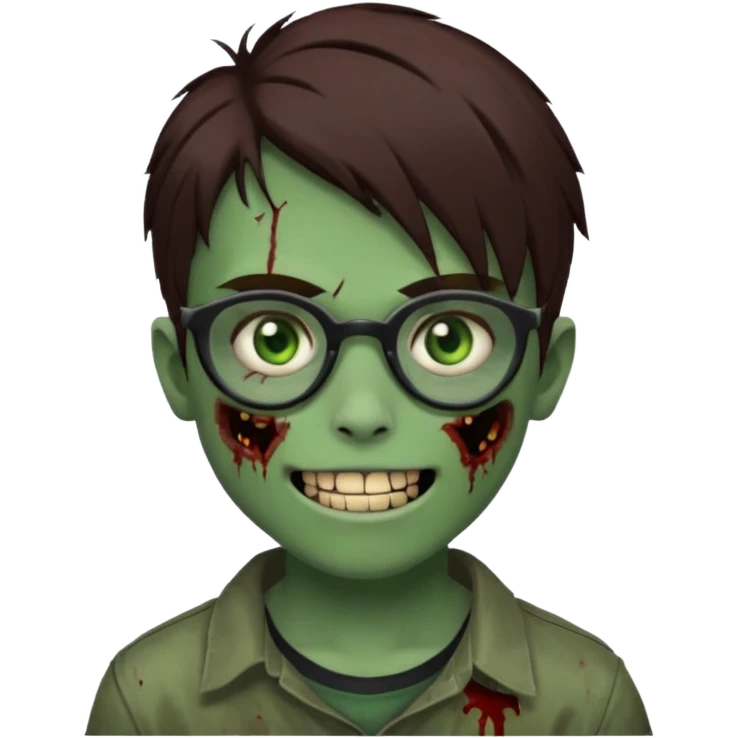 Zombie emo boy, green skin and brown hair and brown eyes, black glasses and a scary smile with a cut on the side, scars and blood under eyes emoji