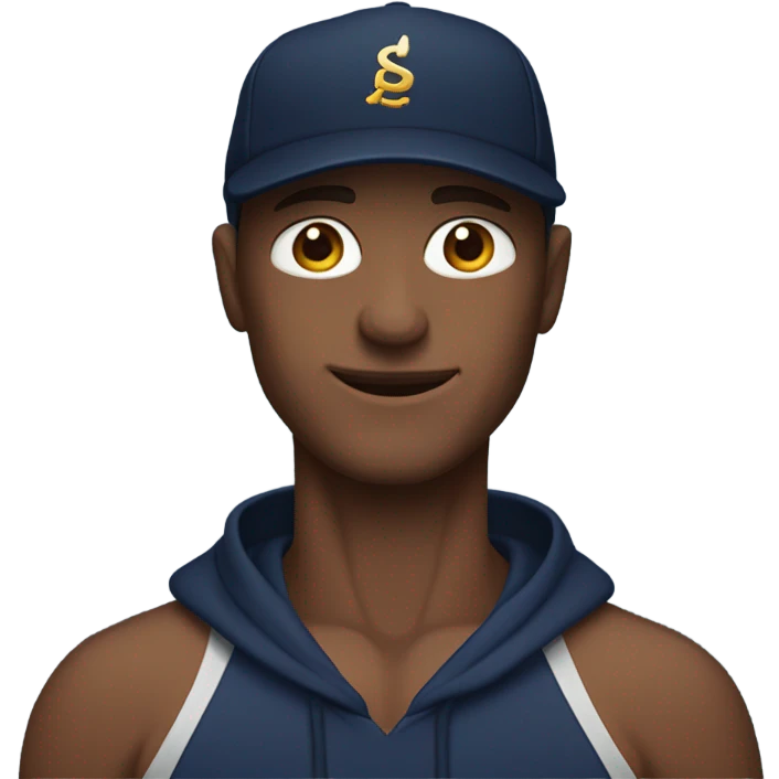 Man with muscles wearing a navy blue hoodie and hat  emoji