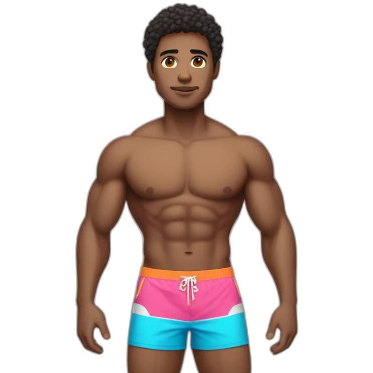 man with full athletic body in swim trunks, light skin and dark combed hair doing a pose emoji