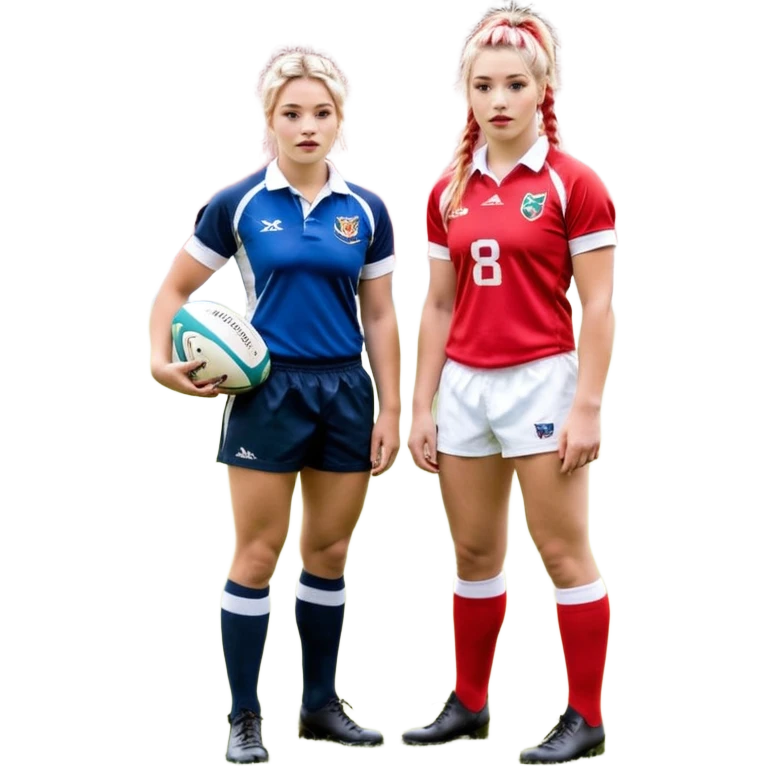 Chica de pelo rubio tirada en el suelo boca abajo agarrando un balón DE RUGBY con las manos vestida con una equipación de color rojo y blanco con líneas, manchada de barro y con unas botas de tacos de fútbol, con un bucal en la boca y el pelo con trenzas, se la tienen que ver las 2 piernas  emoji