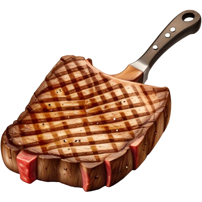 Cinematic thick-cut t-bone steak, perfectly seared with grill marks, a grilled center, rich and savory, warm glow, sizzling and mouthwatering, highly detailed and appetizing. emoji