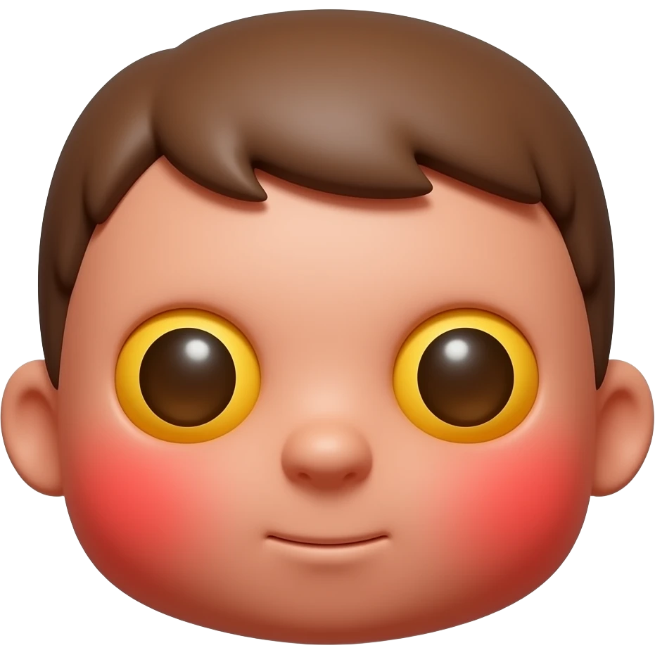 새빨간 얼굴의 홍조를 하고 있는. 노란 눈알  갈색 동공.   귀여운 만화 입체적 이모티콘 emoji