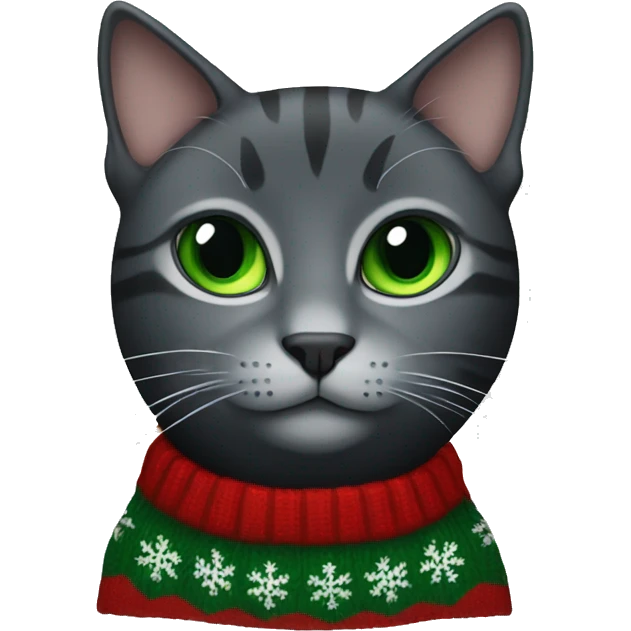 Black and grey Cat with green eyes and Christmas sweater emoji