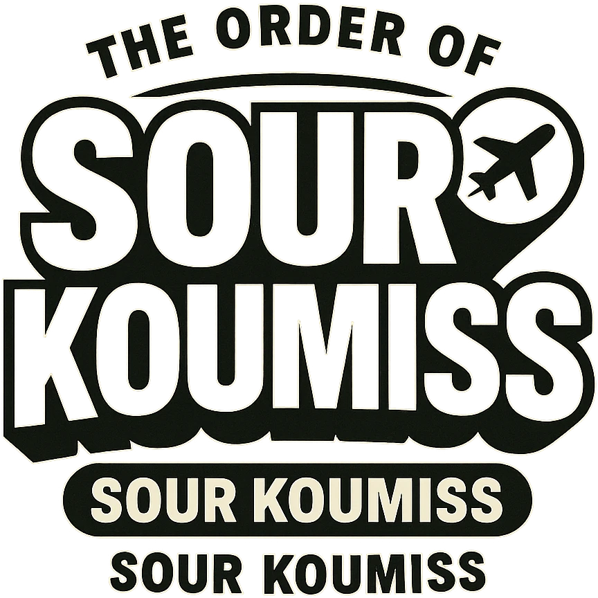 A retro 90s logo for 'The Order of Sour Koumiss' with bold typography and a subtle travel-related icon, in black and white emoji