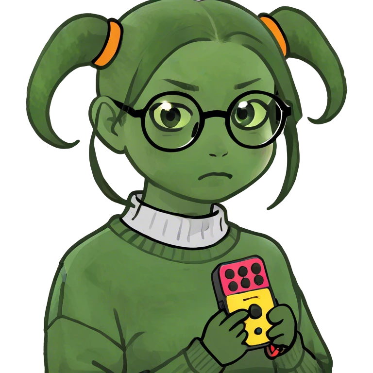 a half Japanese girlie with glasses holding buzzers and part of her head shaved. She has concepts of a psychotic break. emoji