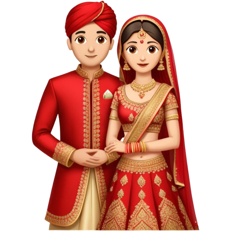 Indian married couple in traditional wedding attire, bride in red and gold wedding lehenga or saree, groom in sherwani, both with fair skin, groom is clean shaven emoji