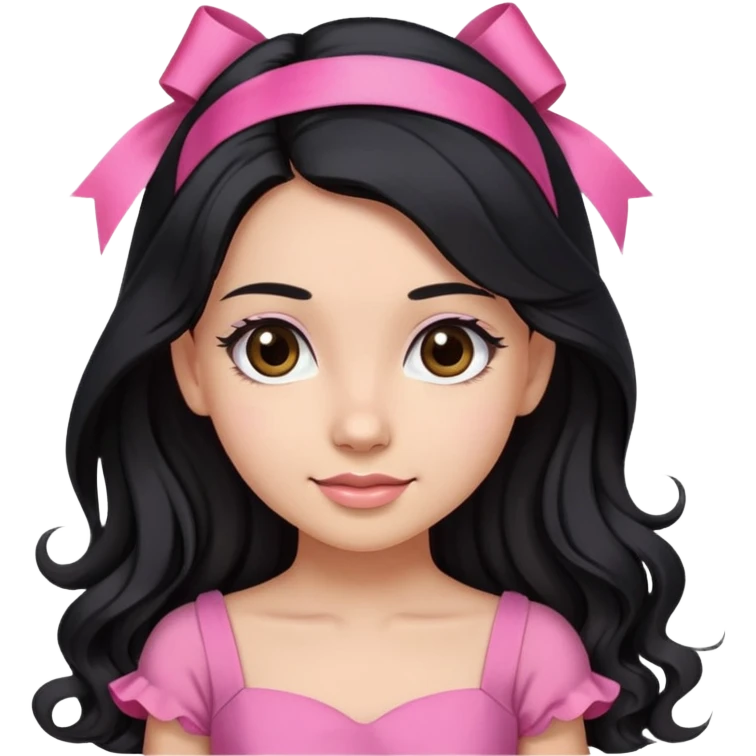 Beautiful girl with long black hair in a half-up half-down hairstyle with pink ribbon tying the top half, waves at the ends, brown eyes, light skin, slight smile, and pink dress emoji