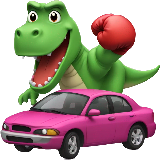 Barney the dinosaur as a car with boxing gloves emoji